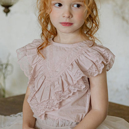 タンクトップ・キャミソール・ノースリーブトップス Pink / 90cm ボリュームレースフリルノースリーブブラウス【mh0009646】