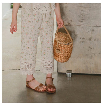 ロングパンツ・スウェットパンツ Pink / 90cm フラワープリント裾刺繍レースクロップドパンツ【mh0009658】