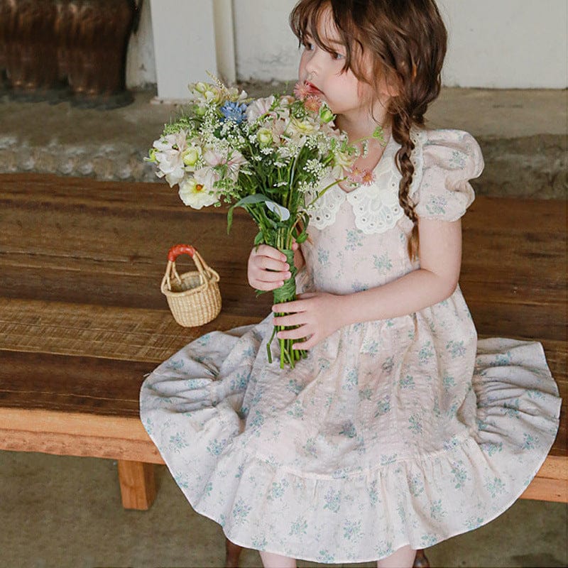 半袖ワンピース Pink / 90cm レース襟半袖パフスリーブフリルワンピース【mh0010291】