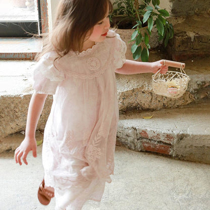 ノースリーブワンピース Pink / 90cm 刺繍レース重ね着シアーワンピース【mh0010300】