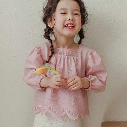 長袖シャツ・ブラウス Pink / 90cm スクエアネックレースブラウス長袖トップス刺繍カットワーク【mh0010823】