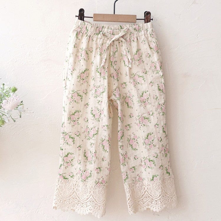 ロングパンツ・スウェットパンツ Pink / 90cm 裾レース花柄パンツ イージーウエスト ボトムス【mh0010831】