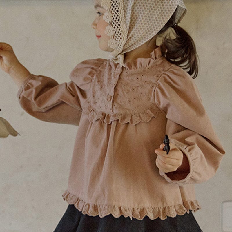 長袖シャツ・ブラウス Pink Orange / 90cm フリルスタンドカラーブラウス 刺繍レース切り替えトップス【mh0010837】