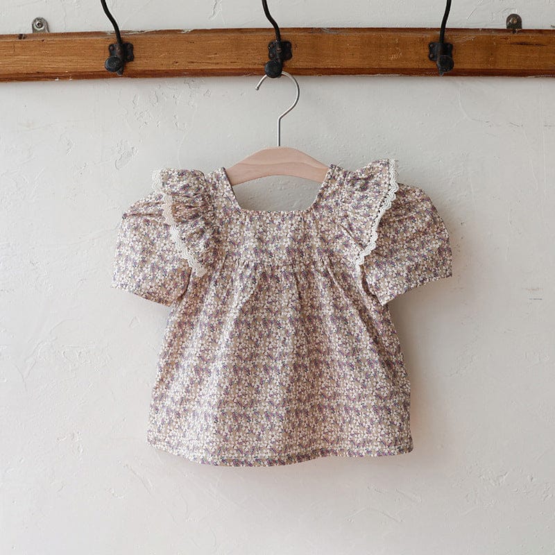 半袖シャツ・ブラウス Purple / 90cm フラワープリントバタフライフリル半袖パフスリーブブラウス【mh0009628】