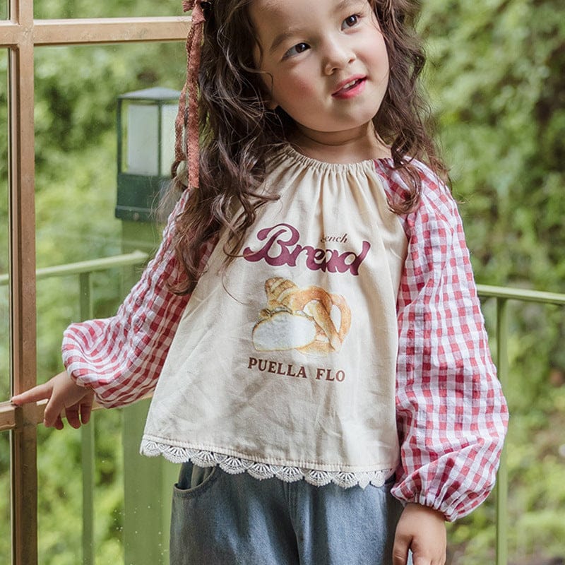 長袖シャツ・ブラウス Red / 90cm キッズトップス ブレッドプリントチェック袖パッチワーク長袖スモックブラウス【mh0009049】