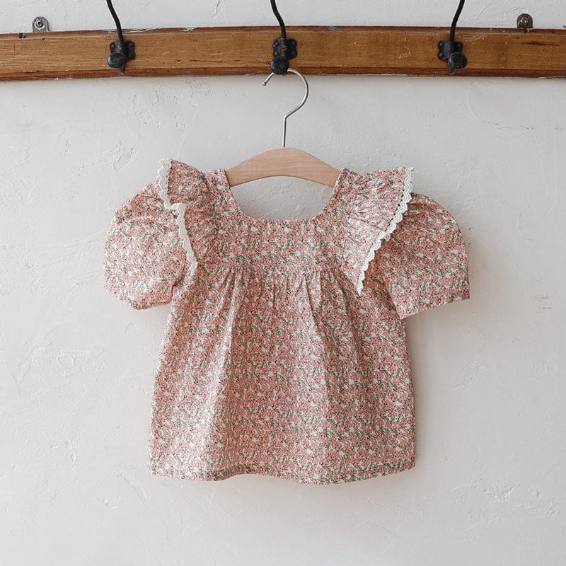 半袖シャツ・ブラウス Red / 90cm フラワープリントバタフライフリル半袖パフスリーブブラウス【mh0009628】