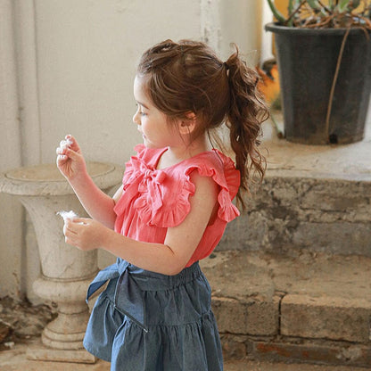 タンクトップ・キャミソール・ノースリーブトップス Red / 90cm リボンビッグ襟ノースリーブブラウス【mh0010292】