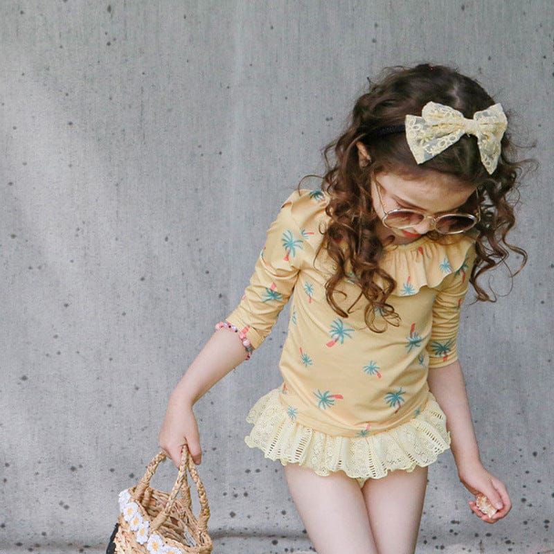 ベビー用水着 Yellow / 90 ガールズ水着 ラッフルフリルレース長袖セパレート スイムウェア【mh0009630】