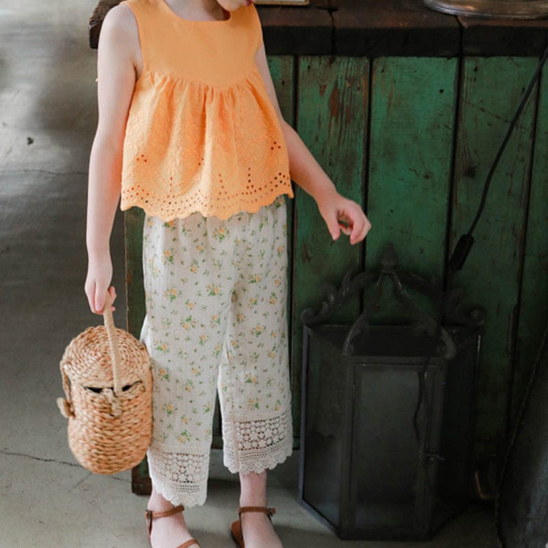 ロングパンツ・スウェットパンツ Yellow / 90cm フラワープリント裾刺繍レースクロップドパンツ【mh0009658】