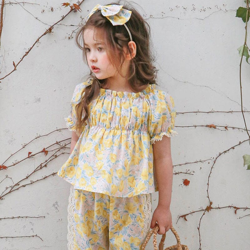 半袖シャツ・ブラウス Yellow / 90cm フラワープリントガーリー半袖パフスリーブブラウス【mh0010274】