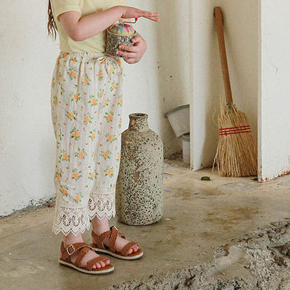 ロングパンツ・スウェットパンツ Yellow / 90cm フラワープリント裾レースクロップドパンツ【mh0010290】