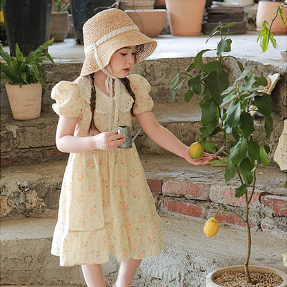 半袖ワンピース Yellow / 90cm レース襟半袖パフスリーブフリルワンピース【mh0010291】