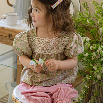 半袖シャツ・ブラウス Yellow / 90cm レーススクエアネックフラワープリント半袖パフスリーブブラウス【mh0010293】