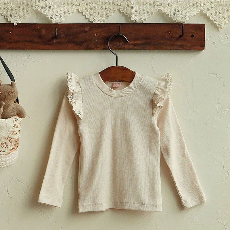 長袖Tシャツ Beige / 90cm キッズトップス ショルダーレースフリル長袖Tシャツ【mh0009077】