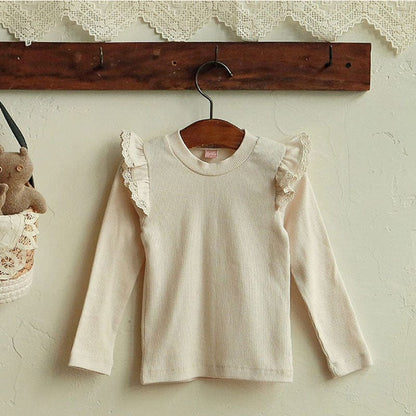 長袖Tシャツ Beige / 90cm キッズトップス ショルダーレースフリル長袖Tシャツ【mh0009077】