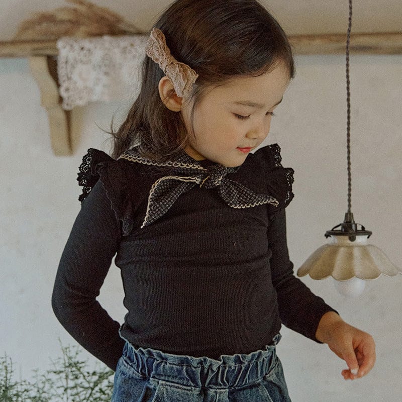 長袖Tシャツ Black / 90cm キッズトップス ショルダーレースフリル長袖Tシャツ【mh0009077】