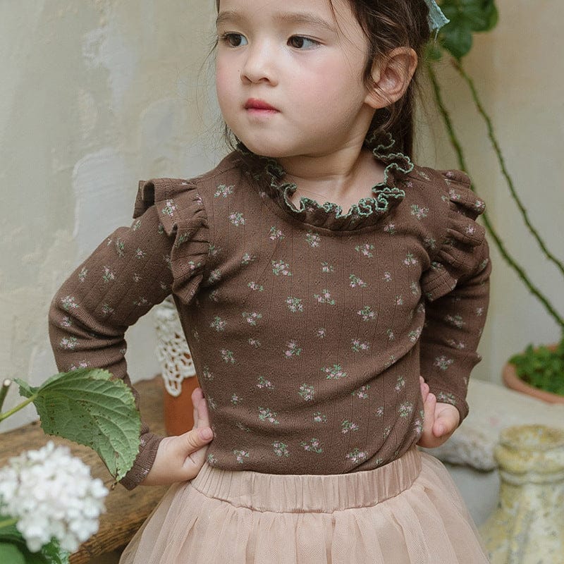 長袖Tシャツ Brown / 90cm キッズトップス フラワー小花柄プリントショルダーフリル長袖Tシャツ【mh0009047】