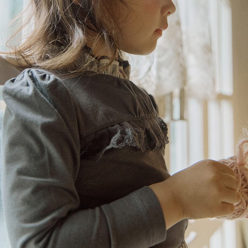 長袖Tシャツ Grey / 90cm 襟元フリル長袖Tシャツ レース切り替えブラウス【mh0010832】