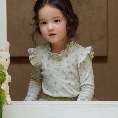 長袖Tシャツ Ivory / 90cm キッズトップス フラワー小花柄プリントショルダーフリル長袖Tシャツ【mh0009047】