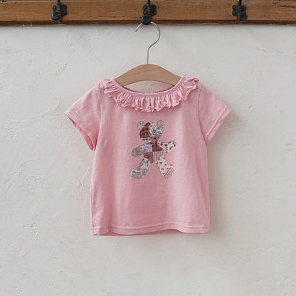 半袖Tシャツ Pink / 90cm ラッフルフリル襟ベアくま半袖Tシャツ【mh0009624】