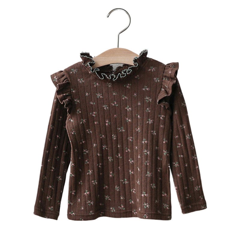 長袖Tシャツ キッズトップス フラワー小花柄プリントショルダーフリル長袖Tシャツ【mh0009047】