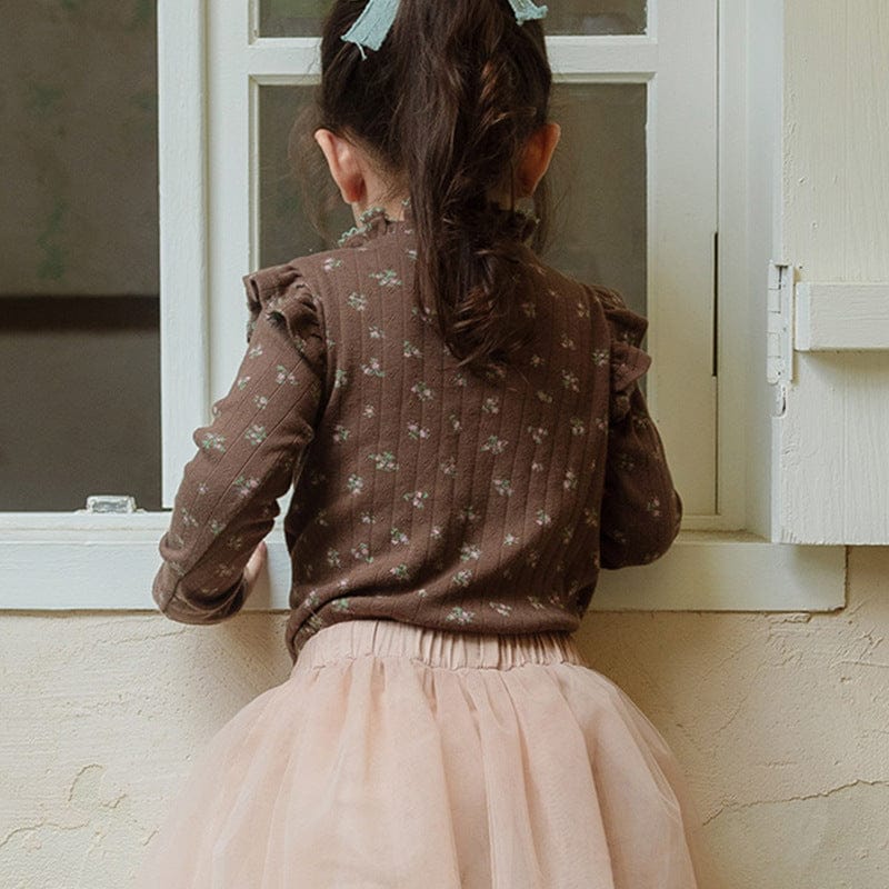 長袖Tシャツ キッズトップス フラワー小花柄プリントショルダーフリル長袖Tシャツ【mh0009047】