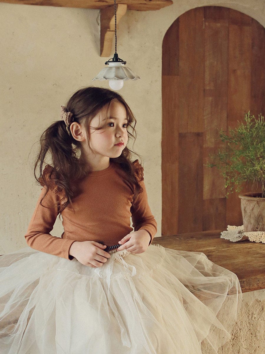 長袖Tシャツ キッズトップス ショルダーレースフリル長袖Tシャツ【mh0009077】