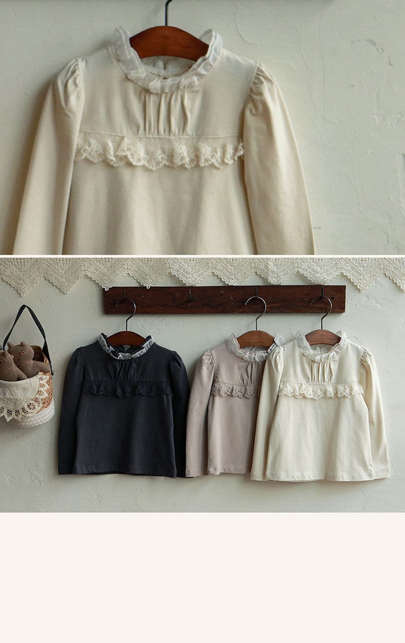 長袖Tシャツ 襟元フリル長袖Tシャツ レース切り替えブラウス【mh0010832】