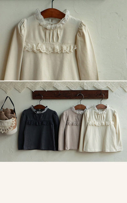 長袖Tシャツ 襟元フリル長袖Tシャツ レース切り替えブラウス【mh0010832】