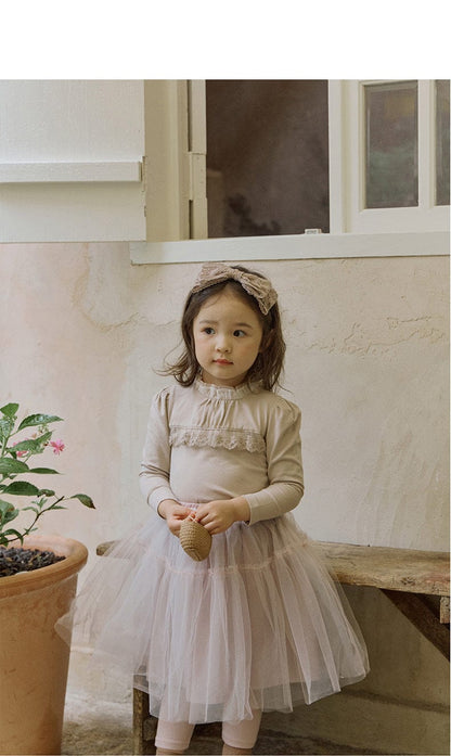 長袖Tシャツ 襟元フリル長袖Tシャツ レース切り替えブラウス【mh0010832】