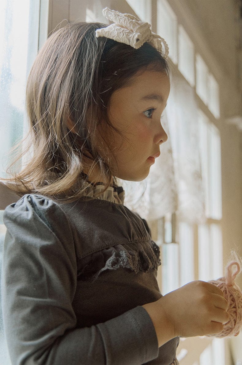 長袖Tシャツ 襟元フリル長袖Tシャツ レース切り替えブラウス【mh0010832】