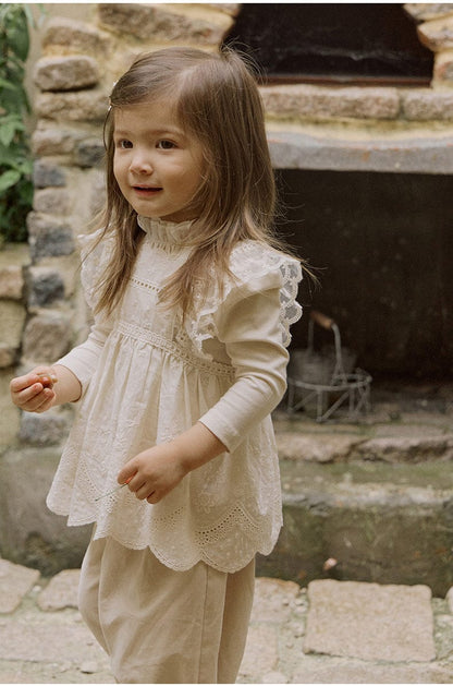 長袖Tシャツ 襟元フリル長袖Tシャツ レース切り替えブラウス【mh0010832】