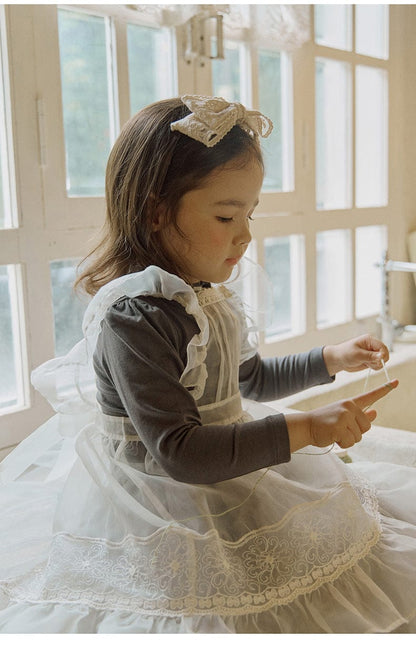 長袖Tシャツ 襟元フリル長袖Tシャツ レース切り替えブラウス【mh0010832】