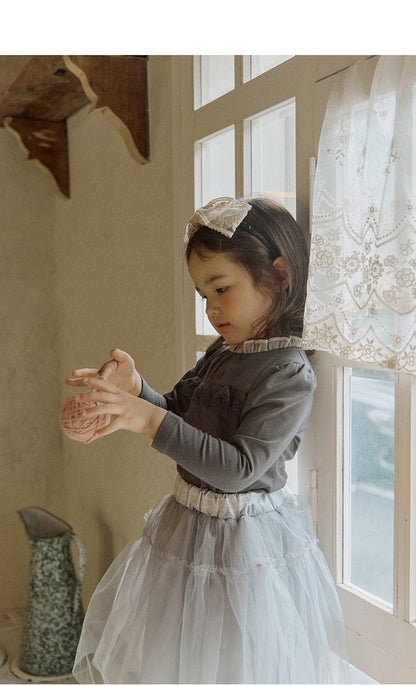 長袖Tシャツ 襟元フリル長袖Tシャツ レース切り替えブラウス【mh0010832】