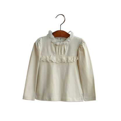 長袖Tシャツ 襟元フリル長袖Tシャツ レース切り替えブラウス【mh0010832】