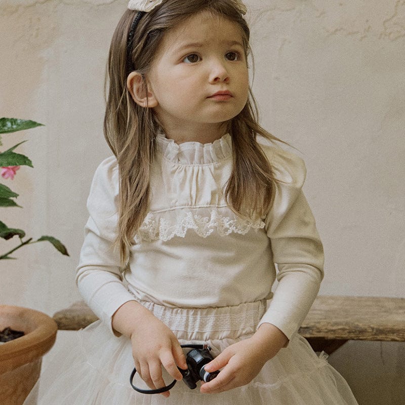 長袖Tシャツ 襟元フリル長袖Tシャツ レース切り替えブラウス【mh0010832】