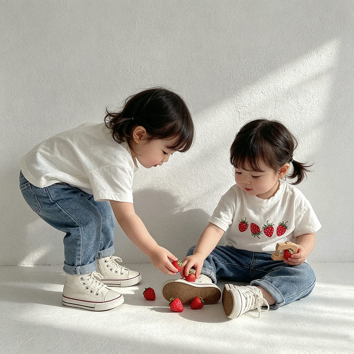 クリームホワイトのいちご柄半袖Tシャツ