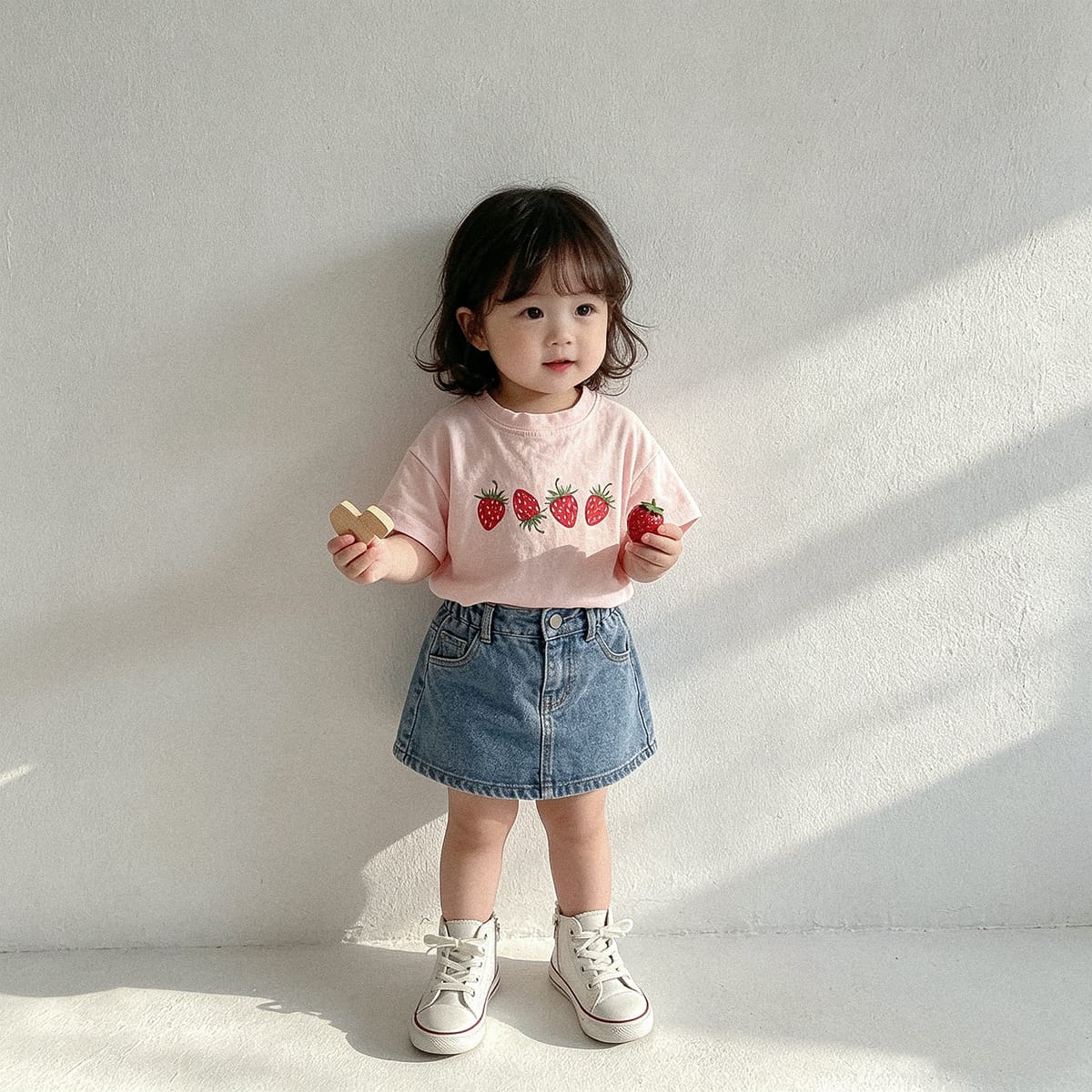 ピンクのいちご柄半袖Tシャツ