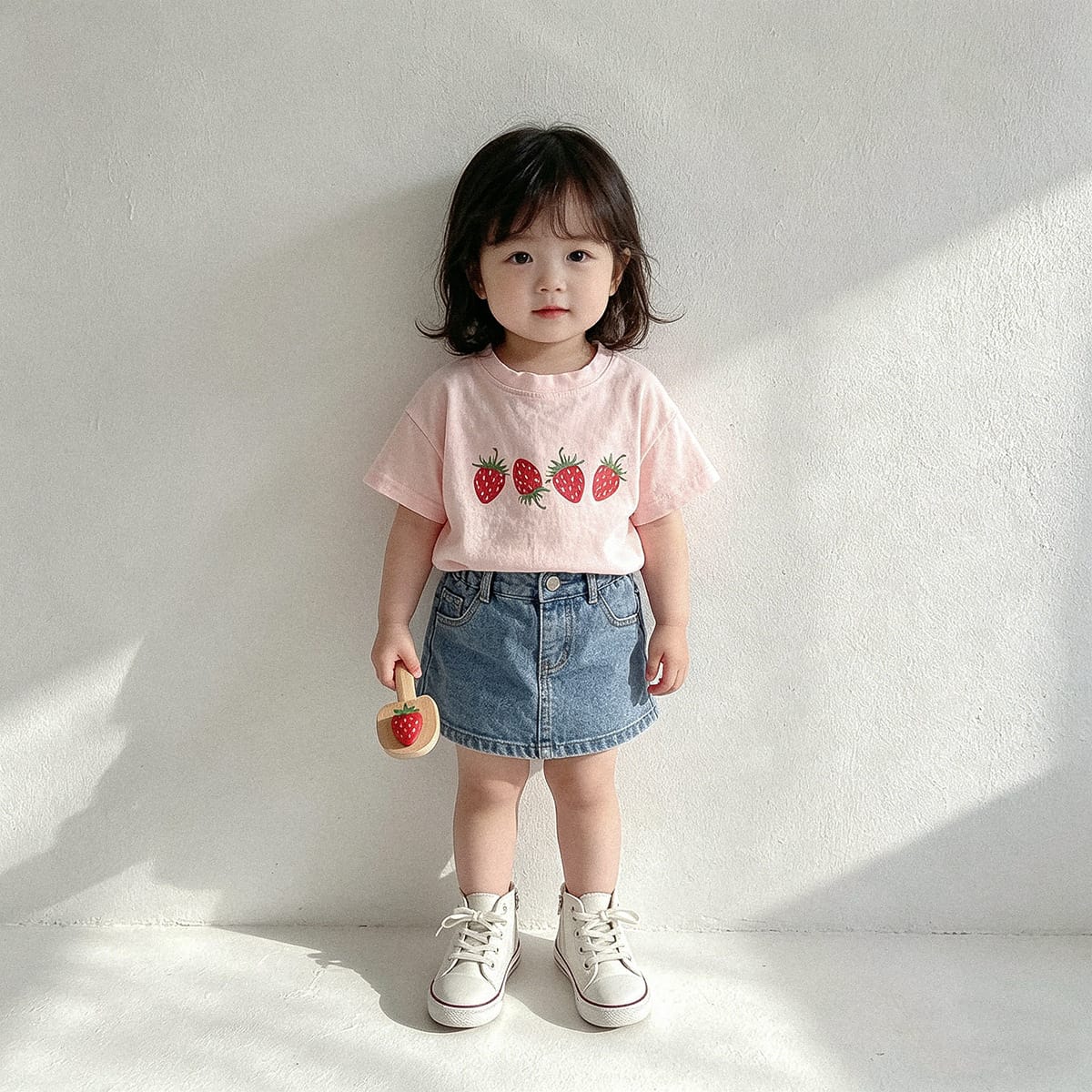 ピンクのいちご柄半袖Tシャツ