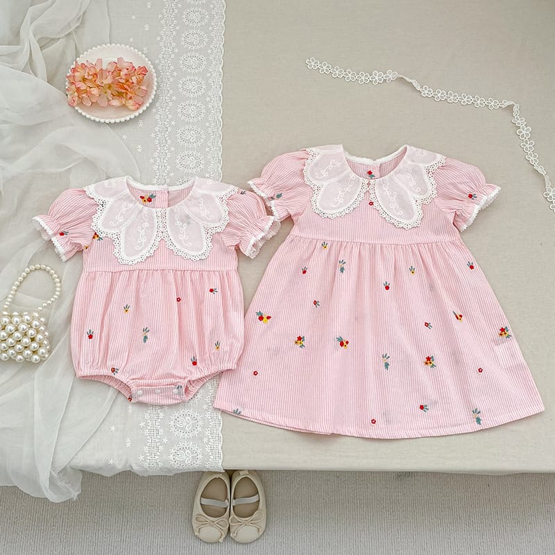 Stripe Embroidery Romper Dress 刺繍 ストライプ ロンパース ワンピース【mh0013168】 Aeg babyi 半袖ロンパース