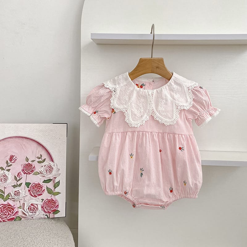 Stripe Embroidery Romper Dress 刺繍 ストライプ ロンパース ワンピース【mh0013168】 Aeg babyi 半袖ロンパース
