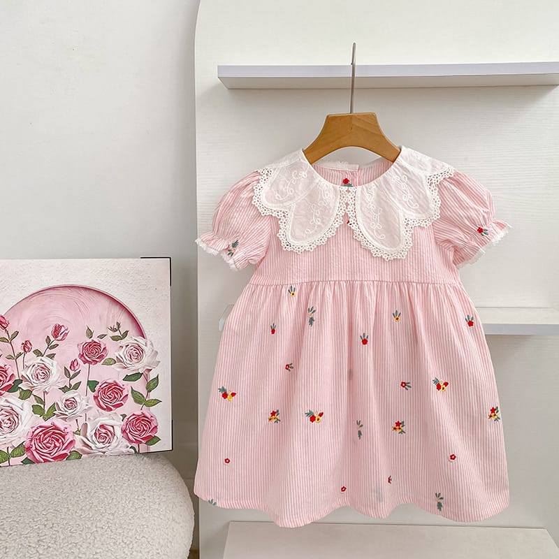 Stripe Embroidery Romper Dress 刺繍 ストライプ ロンパース ワンピース【mh0013168】 Aeg babyi 半袖ロンパース