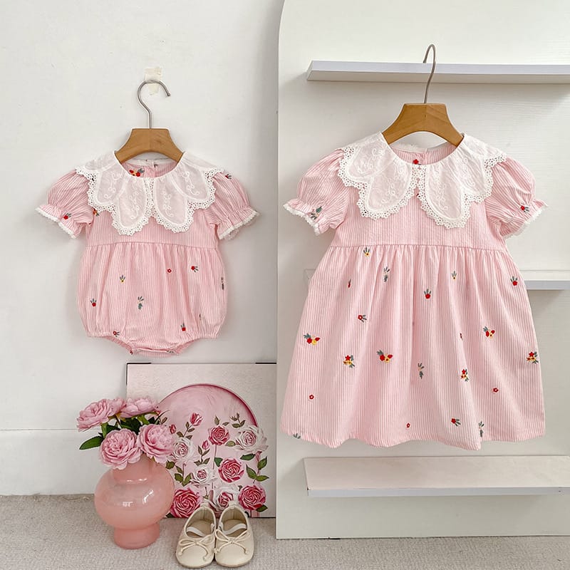 Stripe Embroidery Romper Dress 刺繍 ストライプ ロンパース ワンピース【mh0013168】 Aeg babyi 半袖ロンパース