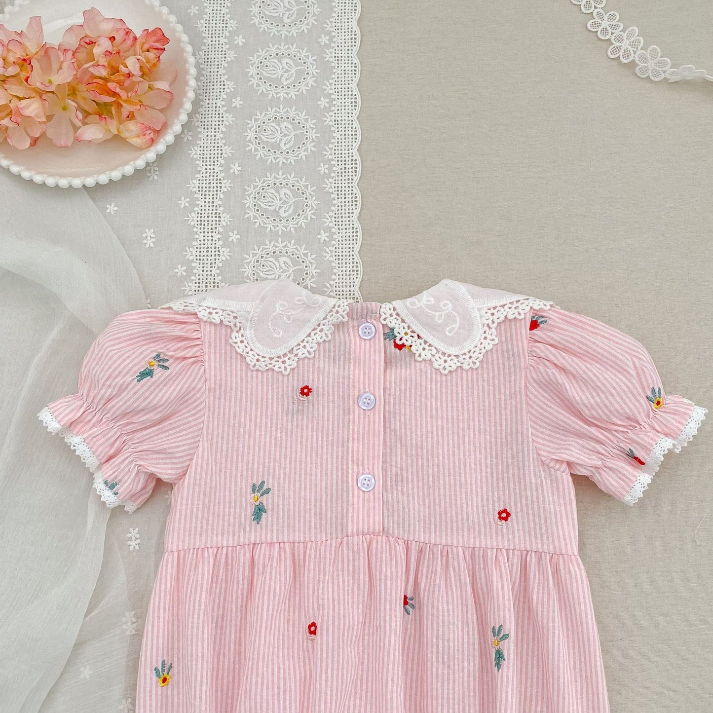 Stripe Embroidery Romper Dress 刺繍 ストライプ ロンパース ワンピース【mh0013168】 Aeg babyi 半袖ロンパース