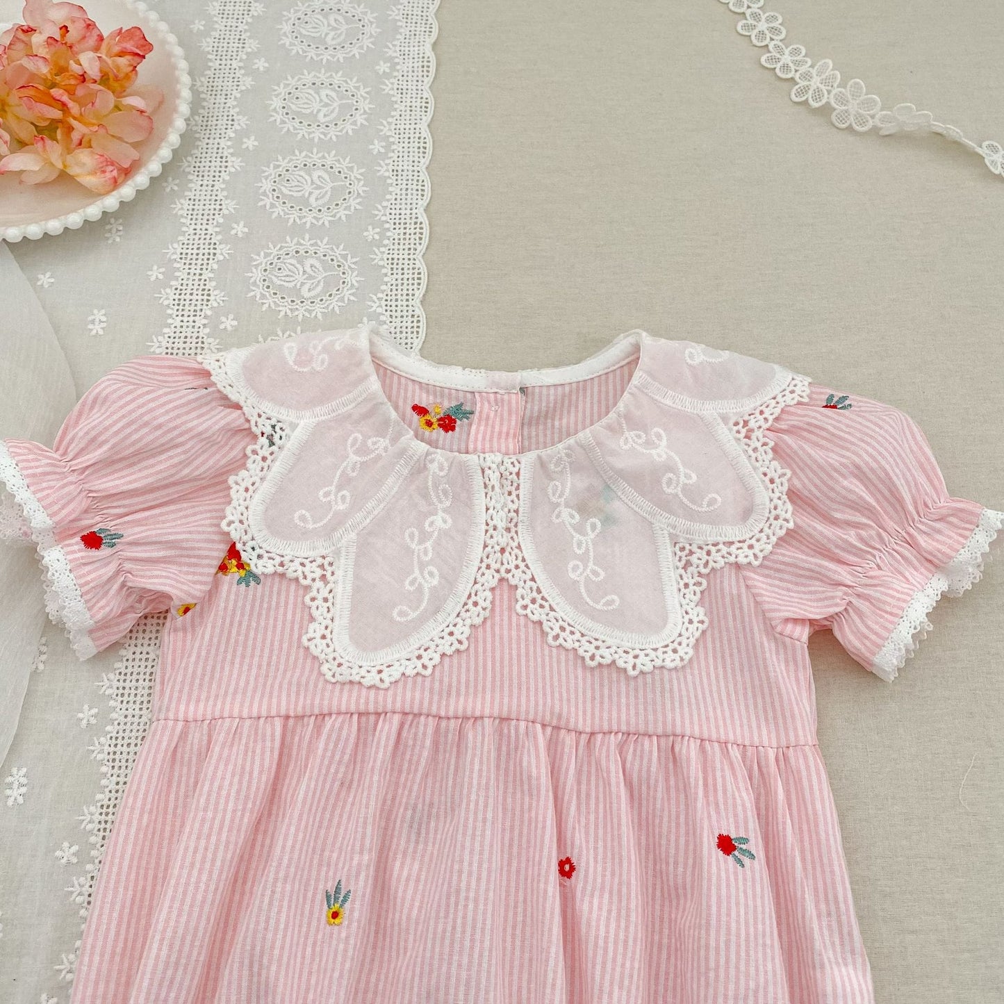 Stripe Embroidery Romper Dress 刺繍 ストライプ ロンパース ワンピース【mh0013168】 Aeg babyi 半袖ロンパース
