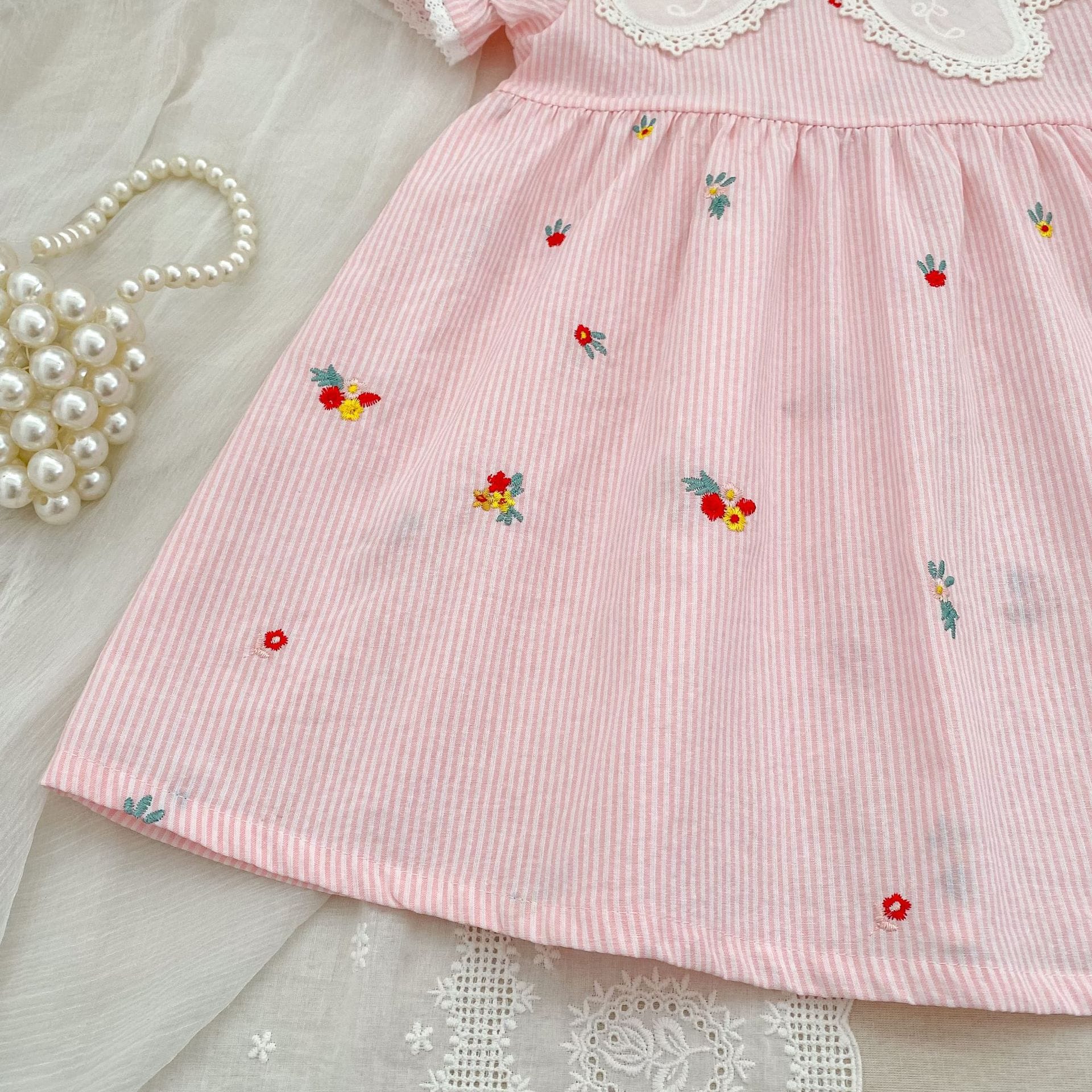 Stripe Embroidery Romper Dress 刺繍 ストライプ ロンパース ワンピース【mh0013168】 Aeg babyi 半袖ロンパース