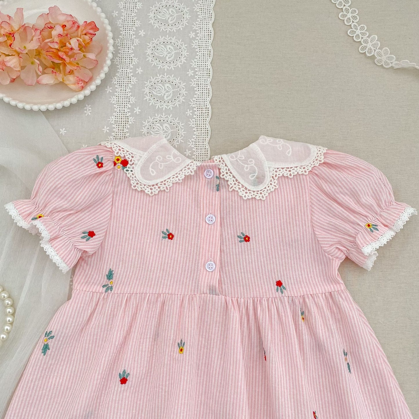 Stripe Embroidery Romper Dress 刺繍 ストライプ ロンパース ワンピース【mh0013168】 Aeg babyi 半袖ロンパース