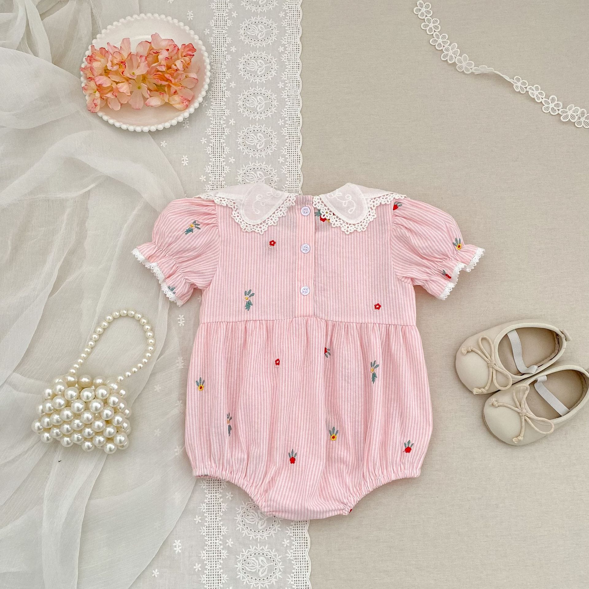 Stripe Embroidery Romper Dress 刺繍 ストライプ ロンパース ワンピース【mh0013168】 Aeg babyi 半袖ロンパース
