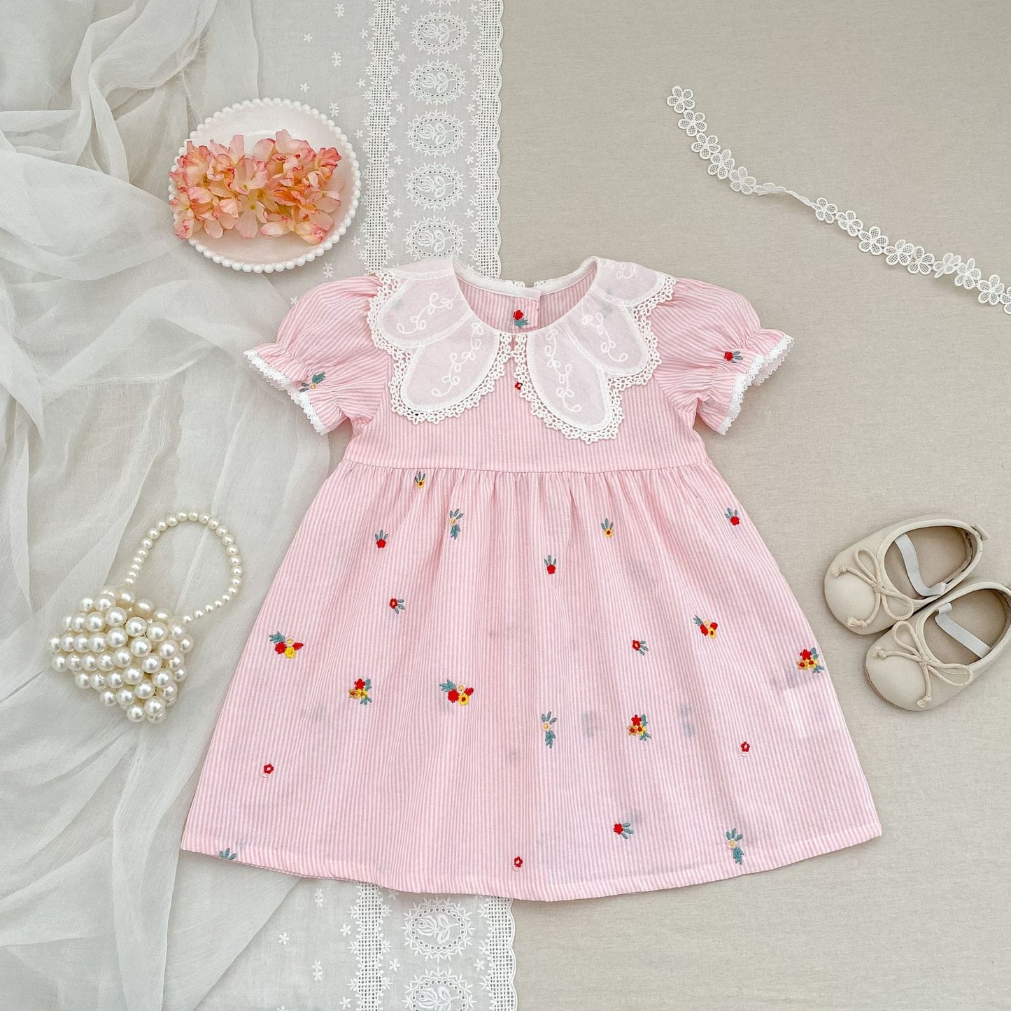 Stripe Embroidery Romper Dress 刺繍 ストライプ ロンパース ワンピース【mh0013168】 Aeg babyi 半袖ロンパース
