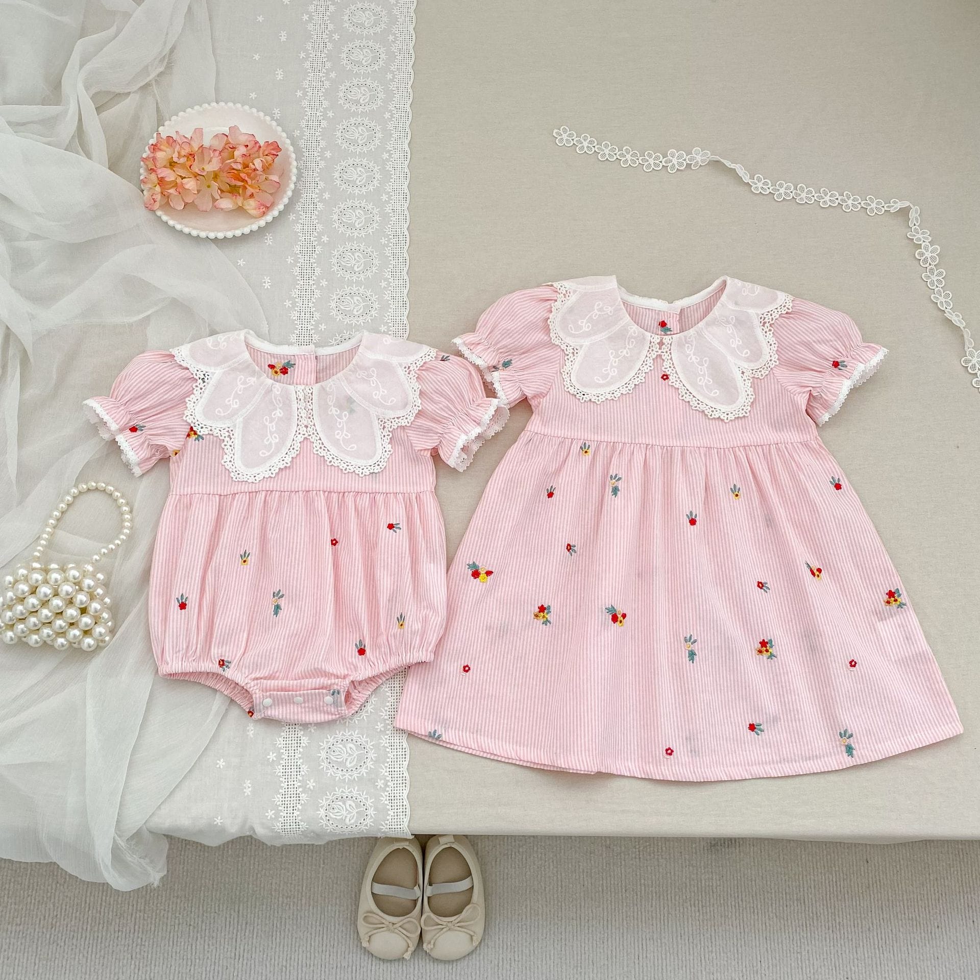 Stripe Embroidery Romper Dress 刺繍 ストライプ ロンパース ワンピース【mh0013168】 Aeg babyi 半袖ロンパース